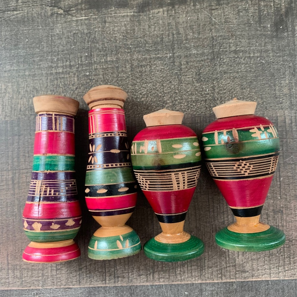 Vintage~1980s Mexican Wooden Salt & Pepper Shakers Folk Art Painted Set of 4